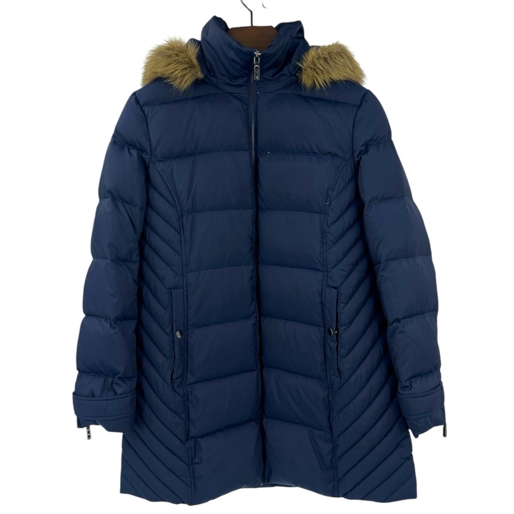 Kenneth Cole Faux Fur Trimmed Removable Down Hooded Satin Quilted Puffer Coat XL